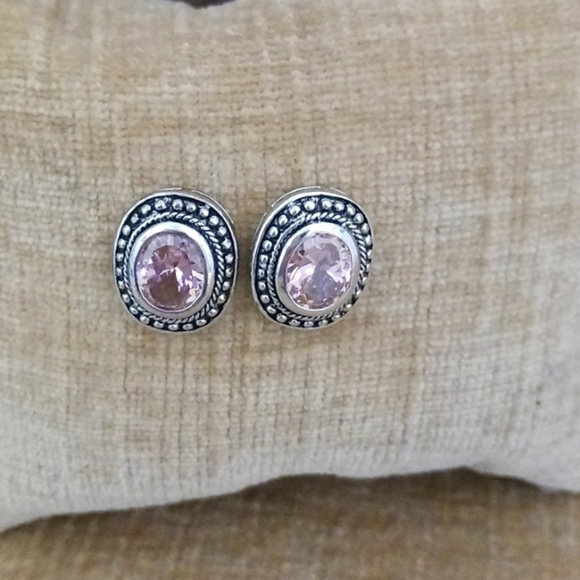 Silver Tone Faceted Light Rose Pink Post Earrings - Picture 4 of 6